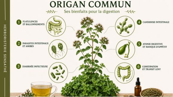 Infographie des bienfaits digestifs de l'origan contre les ballonnements, parasites intestinaux, diarrhée, candidose et transit lent - Herboristerie Sensathé Infographie des bienfaits digestifs de l'origan contre les ballonnements, parasites intestinaux, diarrhée, candidose et transit lent - Herboristerie Sensathé